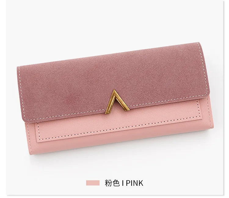 New Korean version women's wallet long V-shaped buckle three fold wallet for women, hand-held bag, change card bag - Clikcy