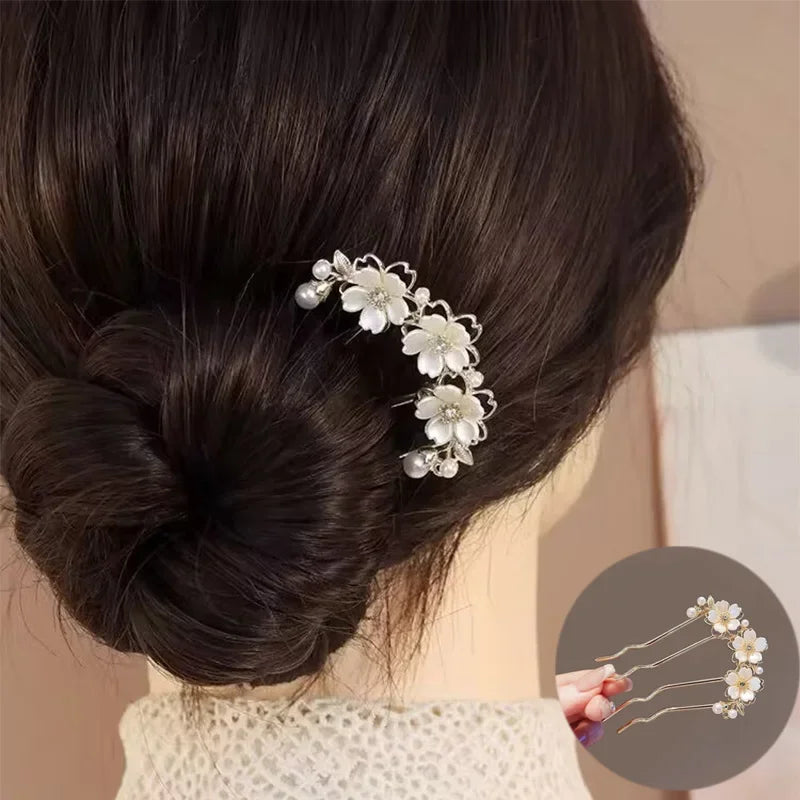 Pearl Flower Wavy Hair Combs for Women Elegant Forest Style U-shaped Hairpin High-end Metal Bun Head Hair Clasp - Clikcy