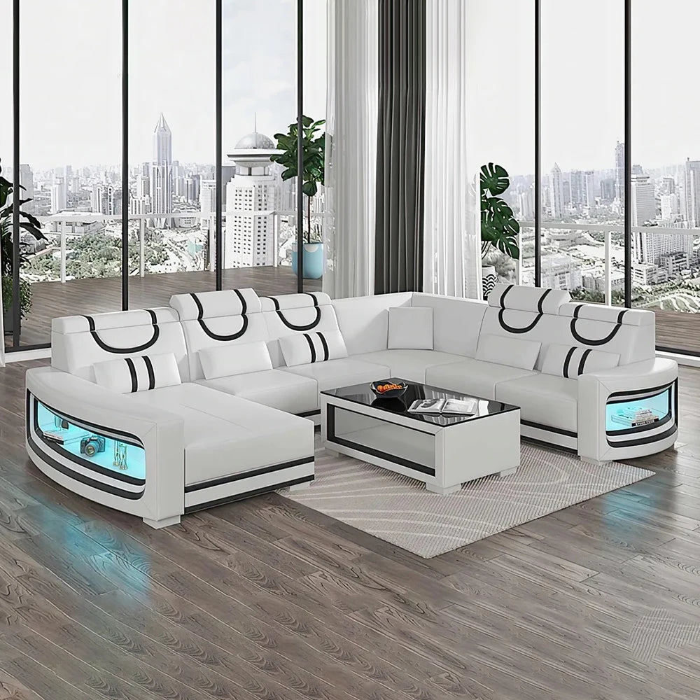 Upgrade Your Living Room with MANBAS Italian Genuine Leather Sofa - 2 Colors Combination, LED Light & Soft Cushions - Clikcy