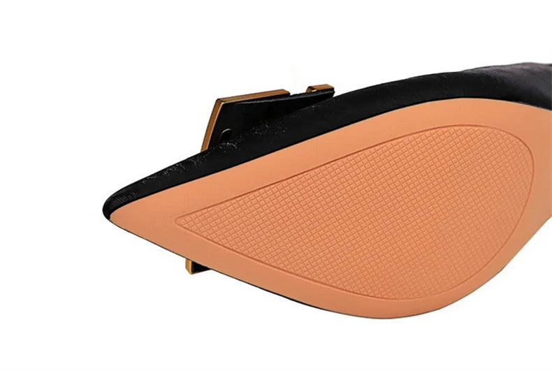 Metal Square Buckle Thin Heel Party Shoes Black Green White Woman Pointed Toe Hollow Back Strap Pumps Middle Heel Sandals - Clikcy