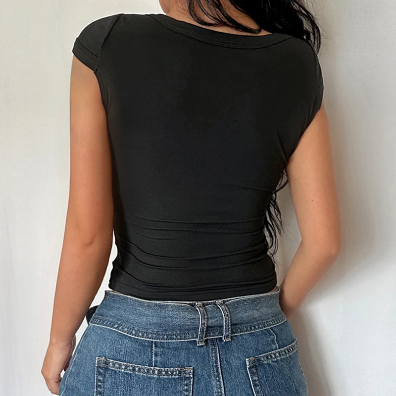 CIBBAR Sexy Deep V Neck Crop Top Women Basic Solid Tee Shirts 2024 Summer New Fashion T-shirts Vintage Clubwear Ladies Clothing - Clikcy