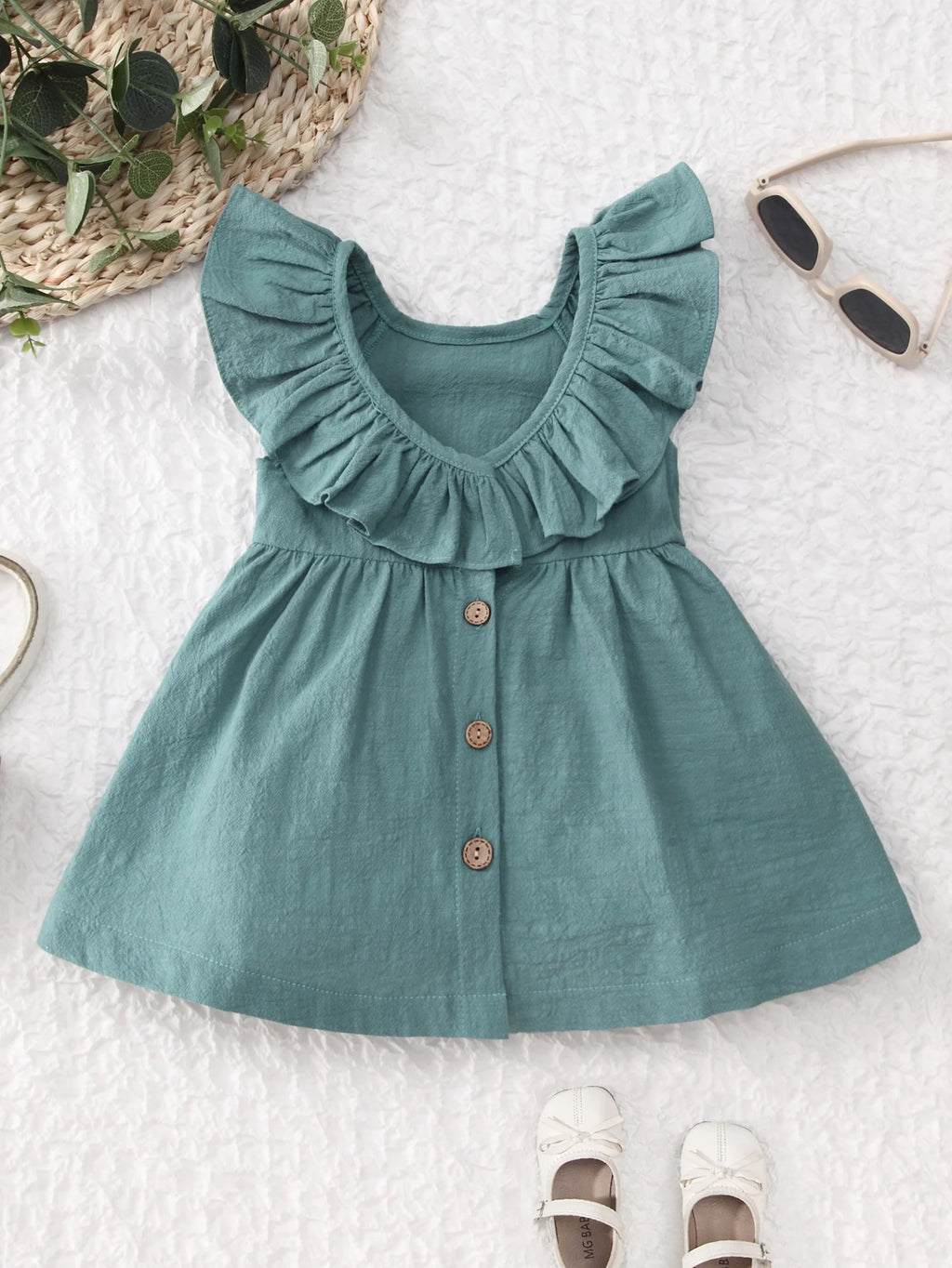 Summer Back Bow Children Girls Flutter Sleeve Princess Dresses Ruffle Sleeve Linen Cotton Baby Kids Dress - Clikcy