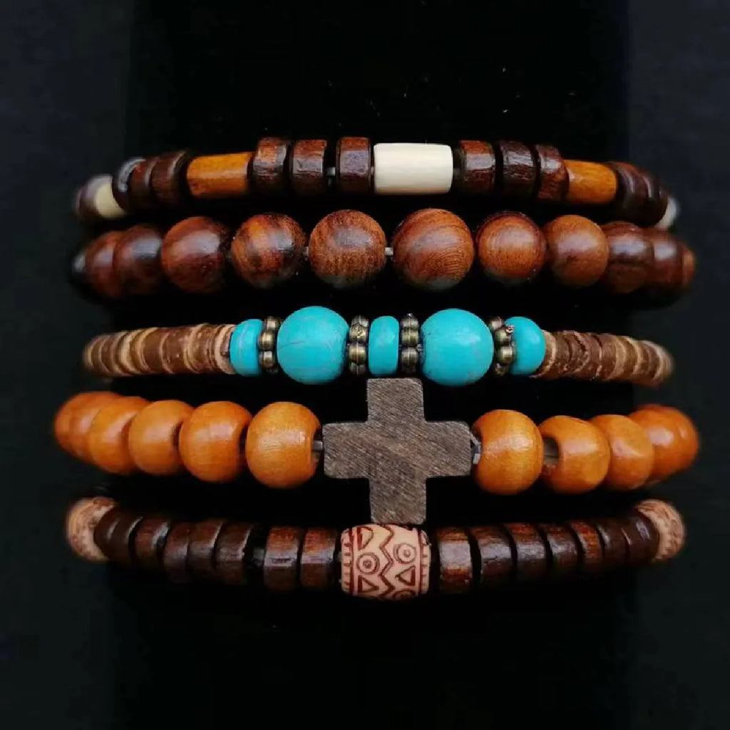 Cross Life Tree 5Pcs/set Vintage Bronze Ethnic Casual Wood Beads Feather Charm Leather Women Bracelets Men Male Jewelry - Clikcy