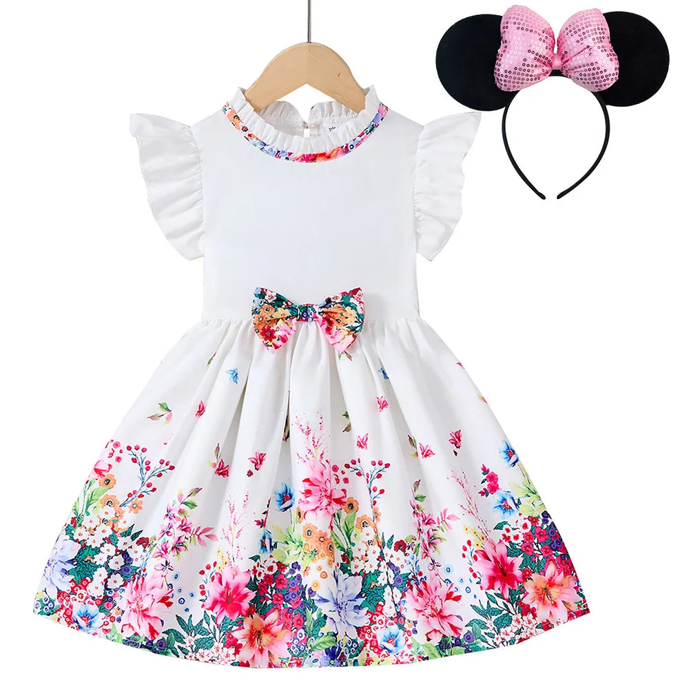New Kids Girl Dress Summer Floral with Bow Fashion White Vestidos Short Sleeve Children Clothing Outfits Casual Daily Dresses - Clikcy