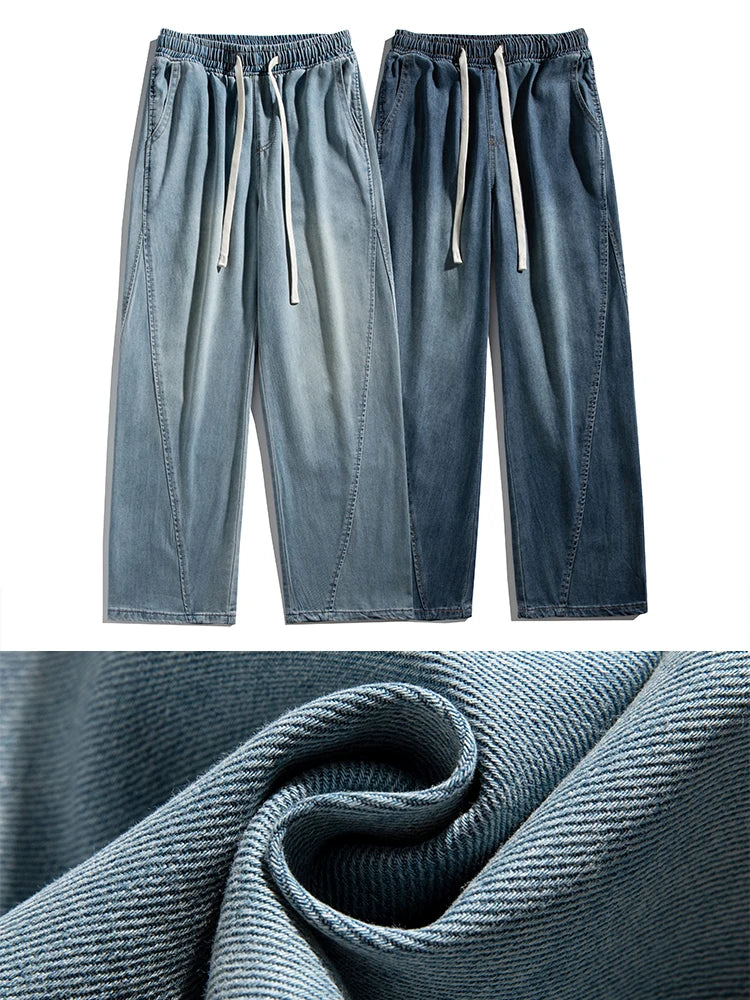 Summer Men's Lightweight Jeans Korean Fashion Breathable Cotton Drawstring Wide-Leg Baggy Denim Pants Straight Jean Trousers - Clikcy