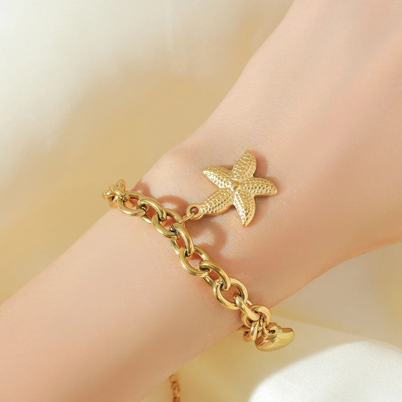 EILIECK 316L Stainless Steel Gold Color Starfish Shells Charm Bracelet For Women New Trendy Wrist Chain Jewelry Holiday Gifts - Clikcy