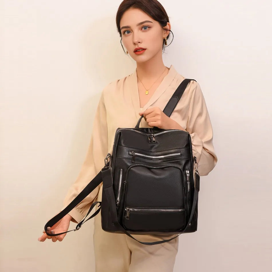 High-quality Leather Women Classic Back Pack 2025 Solid Color Luxury Travel Backpack Casual School Bags Girls Mochilas Feminina - Clikcy