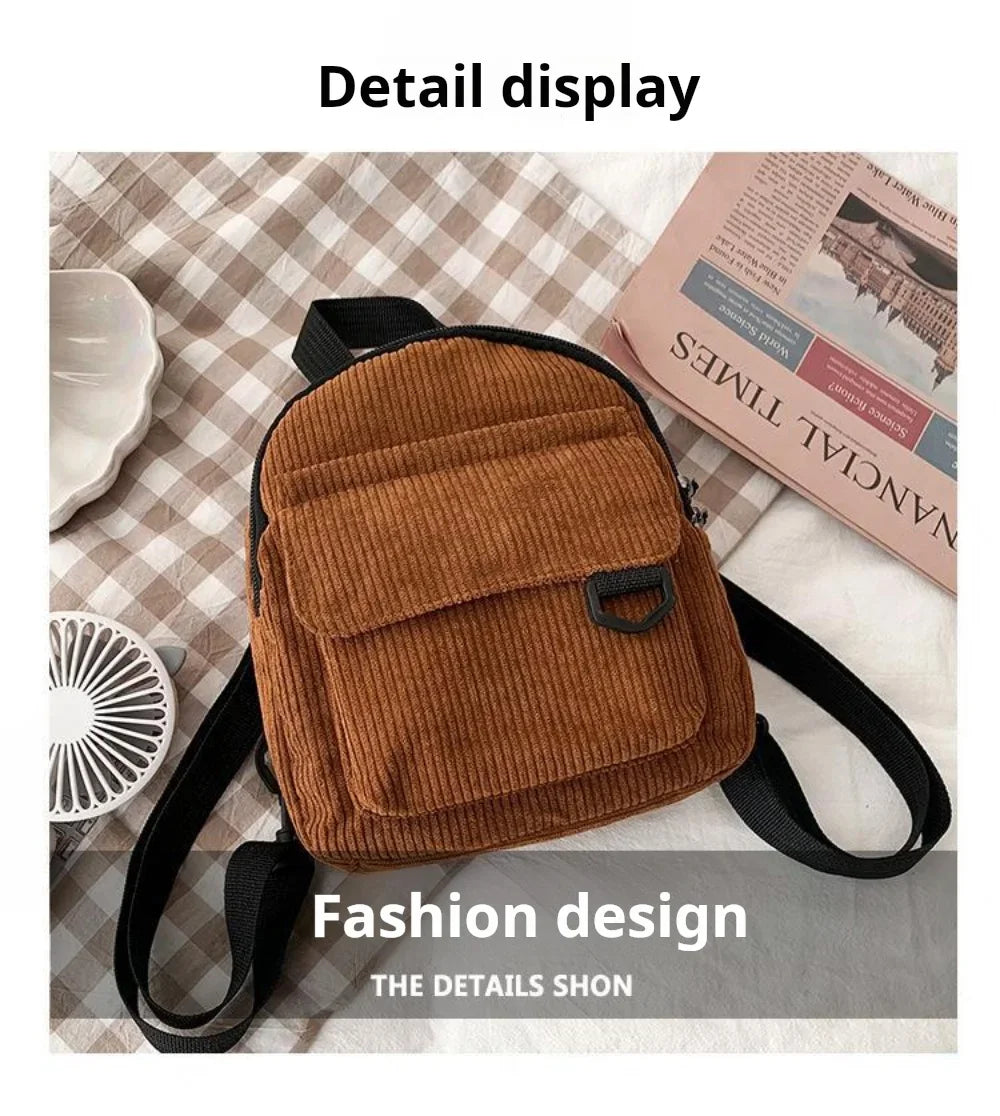 Women's Mini Backpack Fashion Solid Color Corduroy Small Simple Casual Traveling Large Capacity Durable Female's Schoolbag - Clikcy