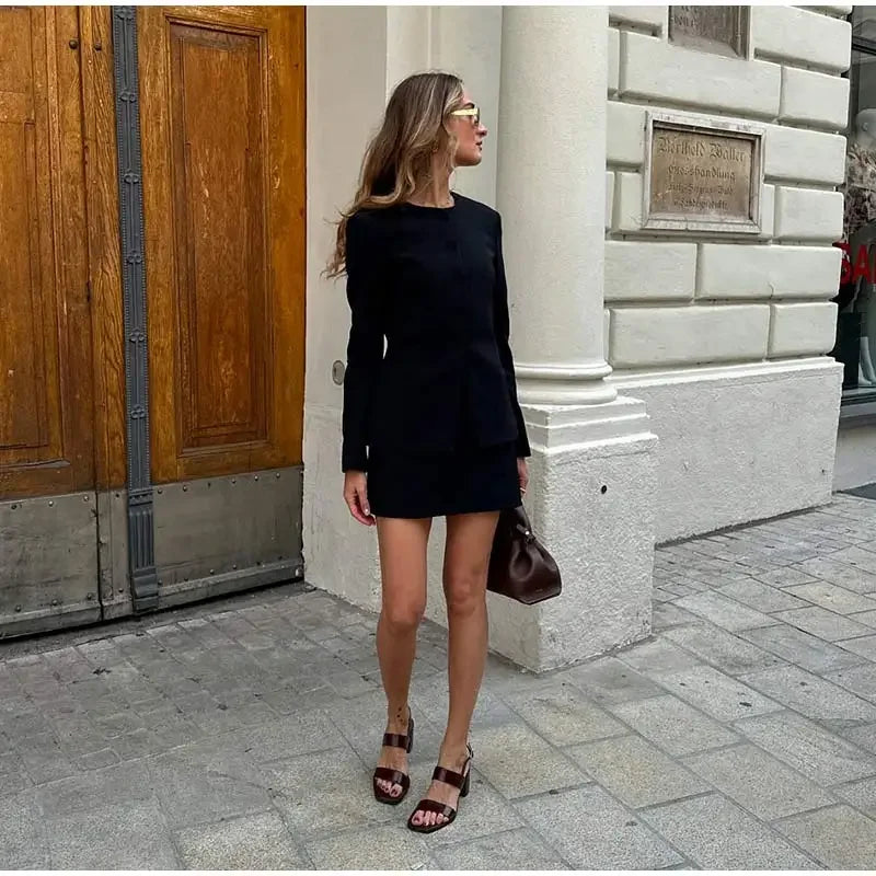 Urban Solid Blazer Skirt Set Women Slim O-neck Single Breasted Jacket Mini A-line Skirt 2025 Spring Elegant Lady Office Outfit - Clikcy