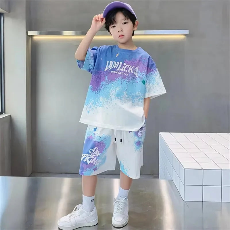 Boys Gradient Sets Teenager Summer Short-sleeved Suit New Children's T-shirt+shorts 2Pcs Outfits Kids Casual Sports Clothing - Clikcy