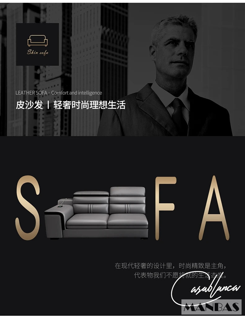 MINGDIBAO Leather Sectional Sofa Set with Cup Holder, USB, Adjustable Headrests & Bluetooth Speaker Living Room Couch with Stool - Clikcy