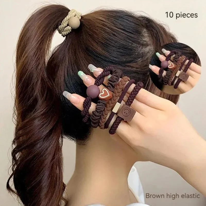 10PCS Women's Hair Ring Set Hair Accessories High Elasticity Leather Band Simple Temperament High Ponytail Durability New Style - Clikcy