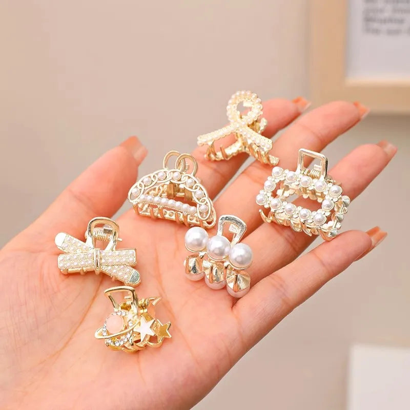 6/8/10PCS/Set Small Rhinestone Pearls Geometric Metal Hair Claws For Women Girls Sweet Mini Hair Clips Hairpins Hair Accessories - Clikcy