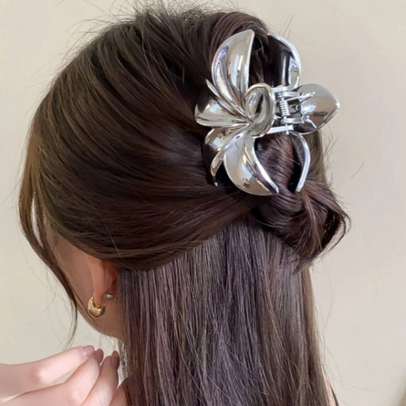 8Cm Bauhinia Flower Grab Clip Golden Flower Ladies Hairpin Silver Ponytail Clip Back Head Disc Hair Shark Clip Headgear - Clikcy