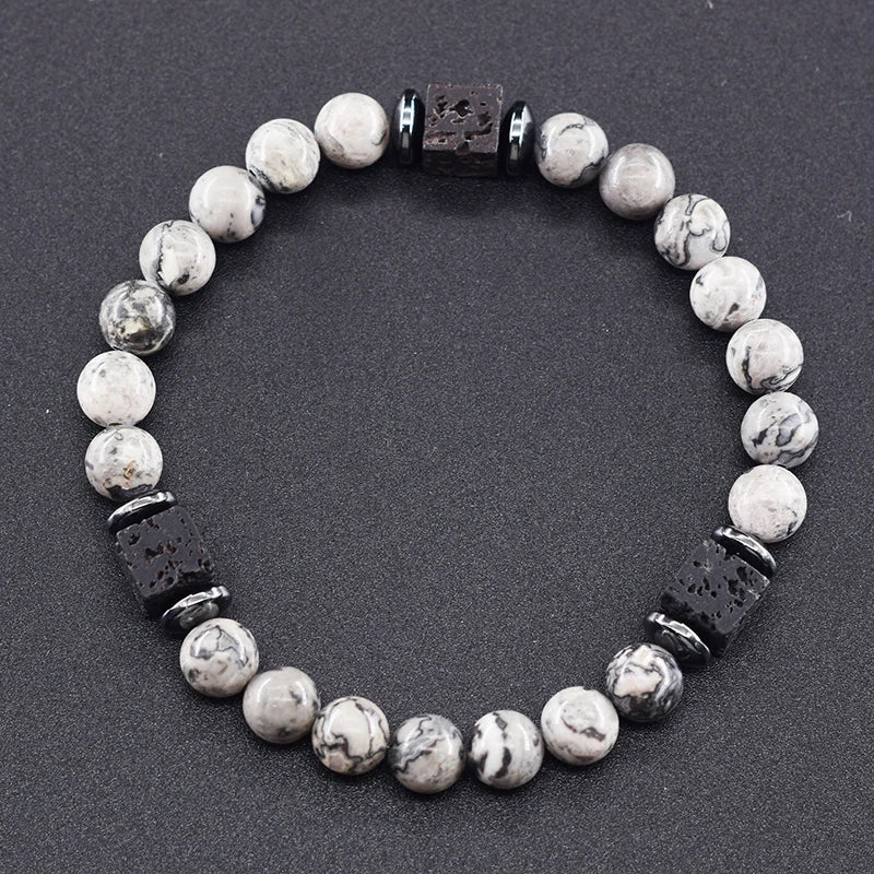 New Fashion Natural Stone Bracelet Men 8mm Onyx Lava Obsidian Strand Braclet Healing Beaded Bracelet Leisure Pulsera Accessories - Clikcy