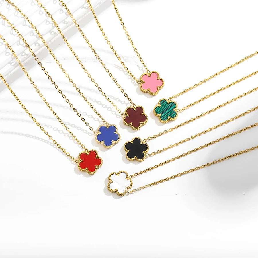 Black Lucky Five Petal Four Leaf Flower Stainless Steel Necklace Gold Plated Clover Jewelry Women Party Wedding Accessories - Clikcy