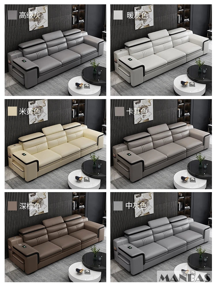 MINGDIBAO Leather Sectional Sofa Set with Cup Holder, USB, Adjustable Headrests & Bluetooth Speaker Living Room Couch with Stool