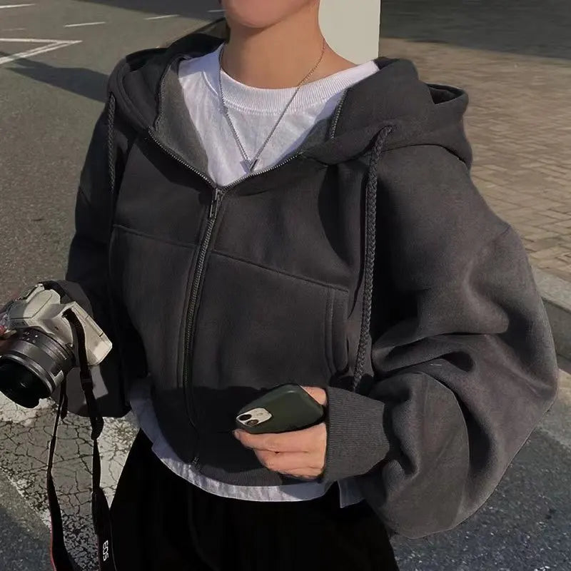 2024 Spring Autumn New Insfleece-lined Versatile Cropped Slims Smooths Silhouette Zip-up Warm Navy Blue Hooded Sweatshirt Women - Clikcy