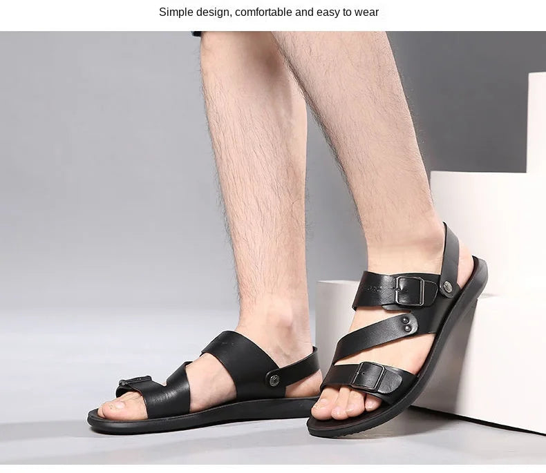 Simple Men's Sandals Solid Color PU Leather Men's Summer Shoes Casual Comfortable Open Toe Sandals Soft Beach Shoes Men's Sandal - Clikcy