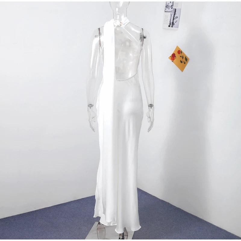 Sexy Satin Ribbon Party Dress Women Elegant Halter Backless Off Shoulder Sleeveless Female Dresses 2024 Summer Solid Robe Gown - Clikcy