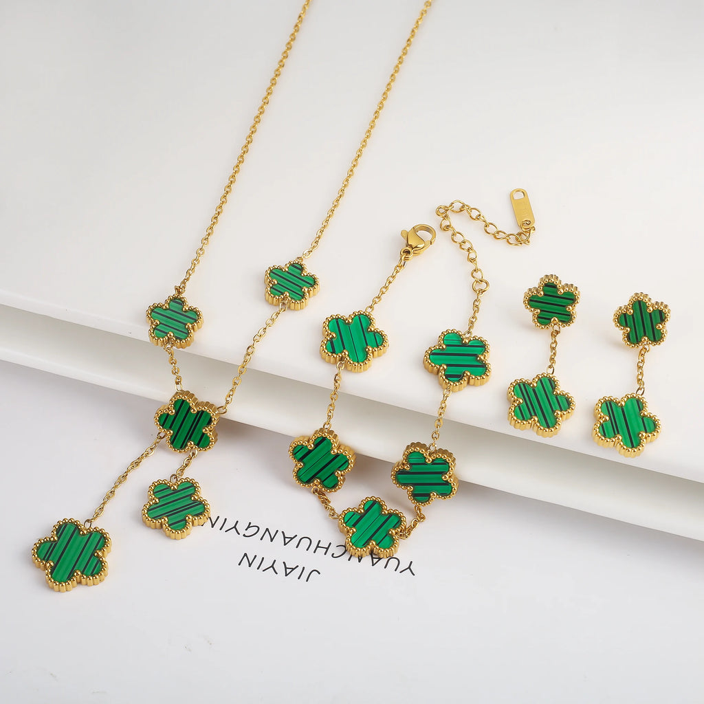 3Pcs 18k Gold-Plated Five-Leaf Flower Necklace Earrings Bracelet Jewelry Set For Woman Fashion Party Jewelry Daily Wear Clover - Clikcy