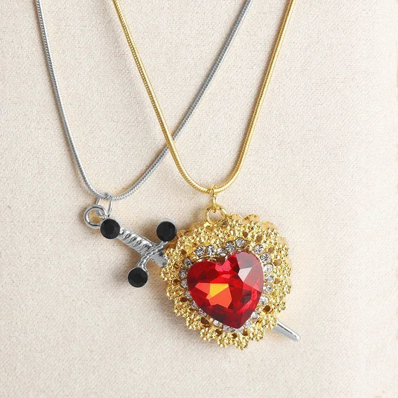 LATS 2pcs Can Be Assembled Heart and Sword Zircon Pendant Necklace for Women Men Couple Silver Gold Plated Choker Chain Jewelry - Clikcy