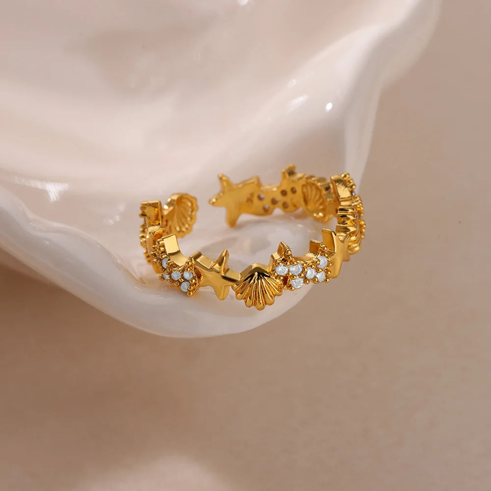 Ocean Starfish Shell Open Rings For Women Gold Color Stainless Steel Ring Summer Beach Aesthetic Waterproof Jewelry Gift - Clikcy