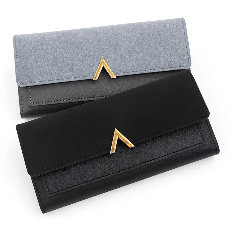 New Korean version women's wallet long V-shaped buckle three fold wallet for women, hand-held bag, change card bag - Clikcy