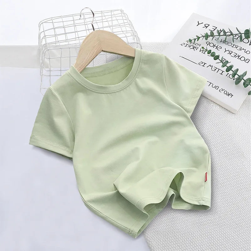 Summer Solid Color Children Cotton T-shirt for Boys Girls White Tops Tees Kids Clothes 2-10Y Student Casual Tee - Clikcy