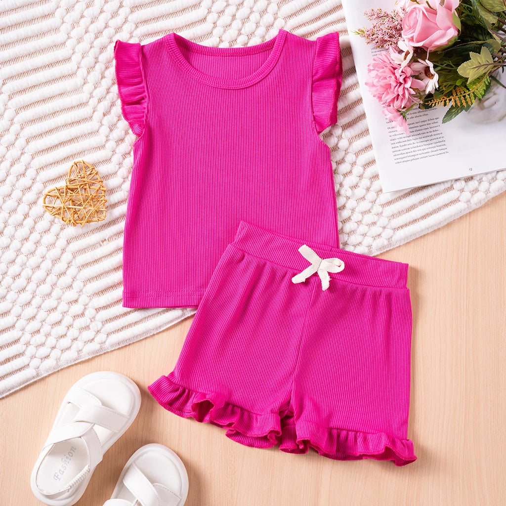 Summer Toddler Girl Ruffle Sleeve 2pcs Set Sleeveless T-shrits Top and Shorts Outfit for Kids Girls Solid Suit Clothing - Clikcy