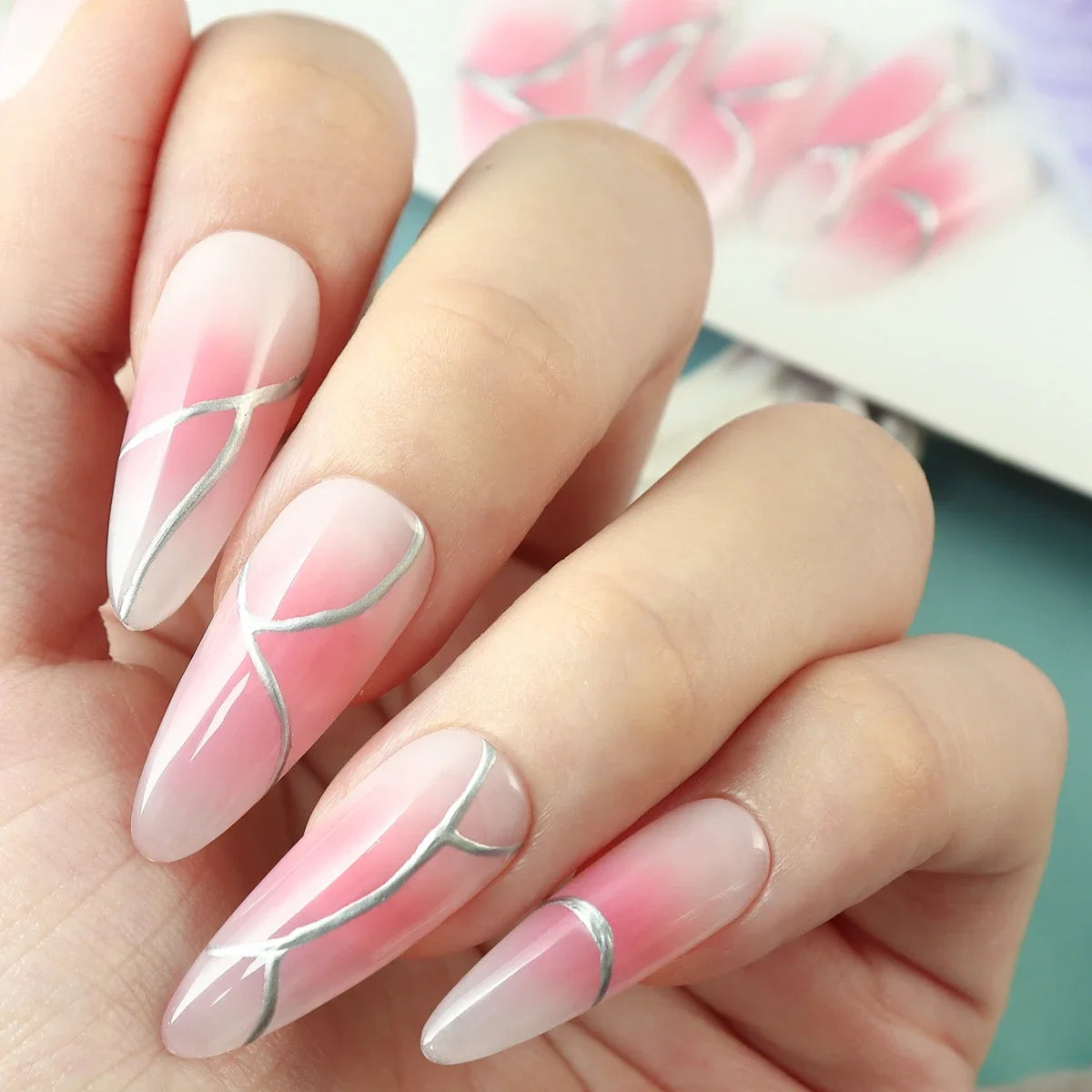 10pcs Handmade Long Press on Nails  Pink Gradient Glossy Blush 3D Silver Cord Art Design Jelly Glue&Nail File,Reusable Fake Nail - Clikcy