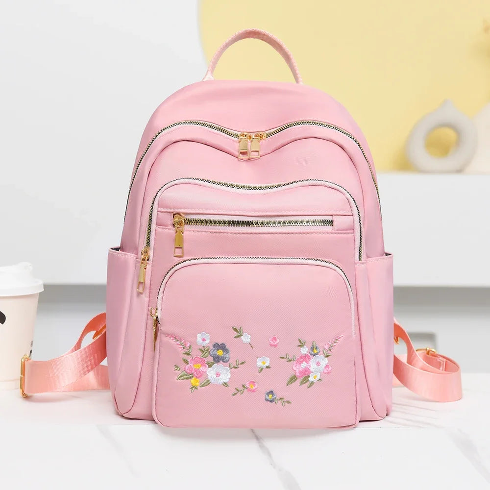 Fashion Nylon Backpack For Women Embroidery Design Student School Bag Leisure Travel Rucksack Popular Girl Commuting Sac A Dos - Clikcy