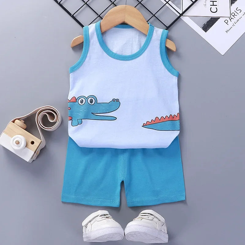 Children Sets Kids Clothes Boys Girls Vest Suit  Summer Children's Clothing baby Cotton T-Shirts Shorts Tank Top Sleeveless - Clikcy