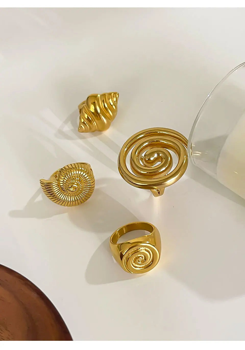 Peri'sbox Stainless Steel Conch Croissant Glossy Spiral Hollow Chunky Open Rings for Women Summer Beach Fashion Holiday Jewelry - Clikcy