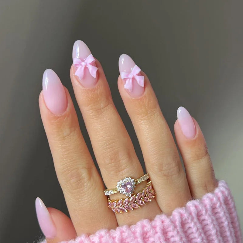 24pcs Sweet Cat Eye French Press on Nails Diamond-Pointed Three Dimensional Bow Knot Wearable Nail For Women&Girl Almond Nail - Clikcy