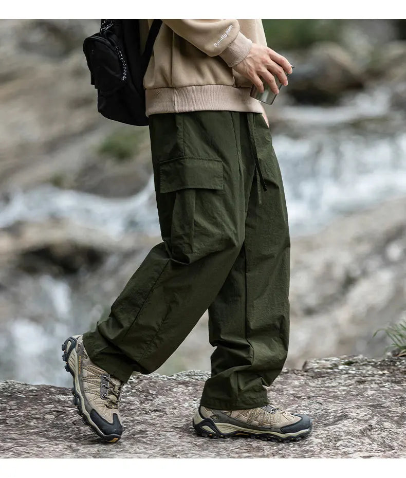 TFETTERS 2025 Autumn Casual Pants Men Waterproof  Thin Mid Waist Solid Color Men Cargo Pants Tourism Outdoors Riding Trousers - Clikcy