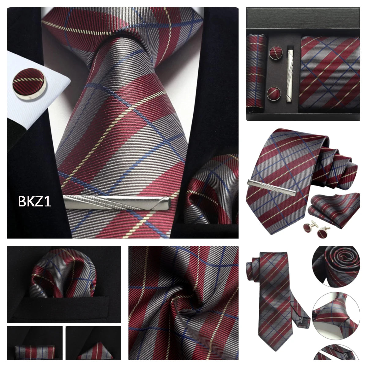Classic 100% Silk Men's Ties In Gift box 8cm Plaid Dot Striped Business Necktie Handkerchief Cufflinks Wedding Party Tie Set - Clikcy