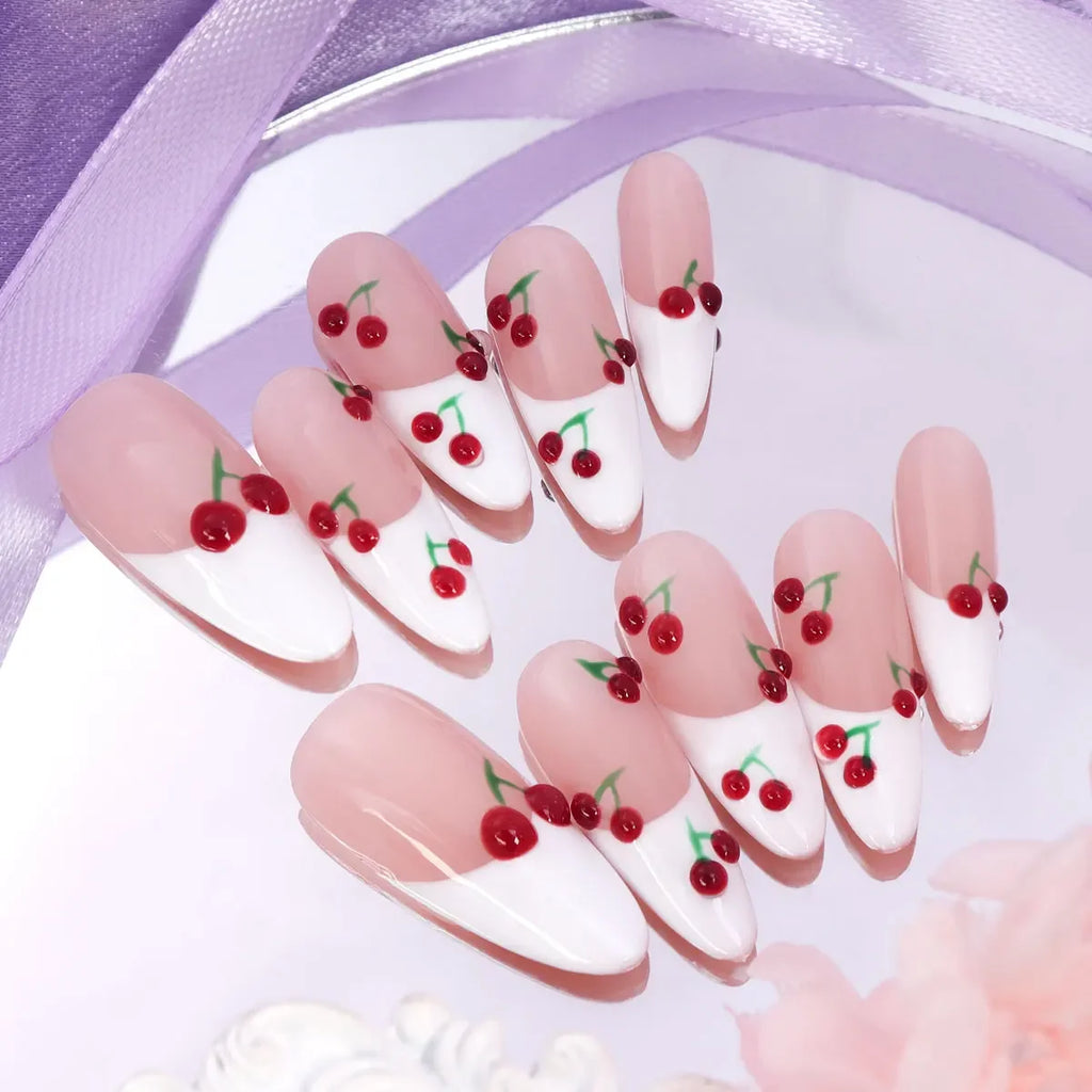 10pcs Y2K Removable Handmade Press on Nails Hand Painted Cherry Pattern Design Fake Nails Cute White Sweet Almond Patch Nail - Clikcy
