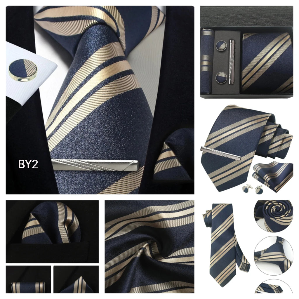 Classic 100% Silk Men's Ties In Gift box 8cm Plaid Dot Striped Business Necktie Handkerchief Cufflinks Wedding Party Tie Set