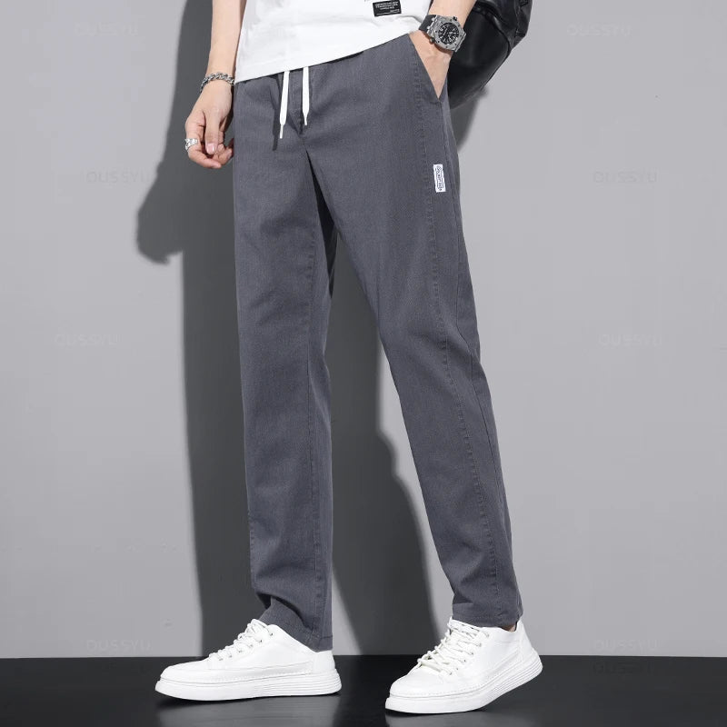 New Spring Summer Cotton Men's Casual Pants Classic Drawstring Elastic Waist Thin Stretch Blue Jogging Work Cargo Trousers Male - Clikcy
