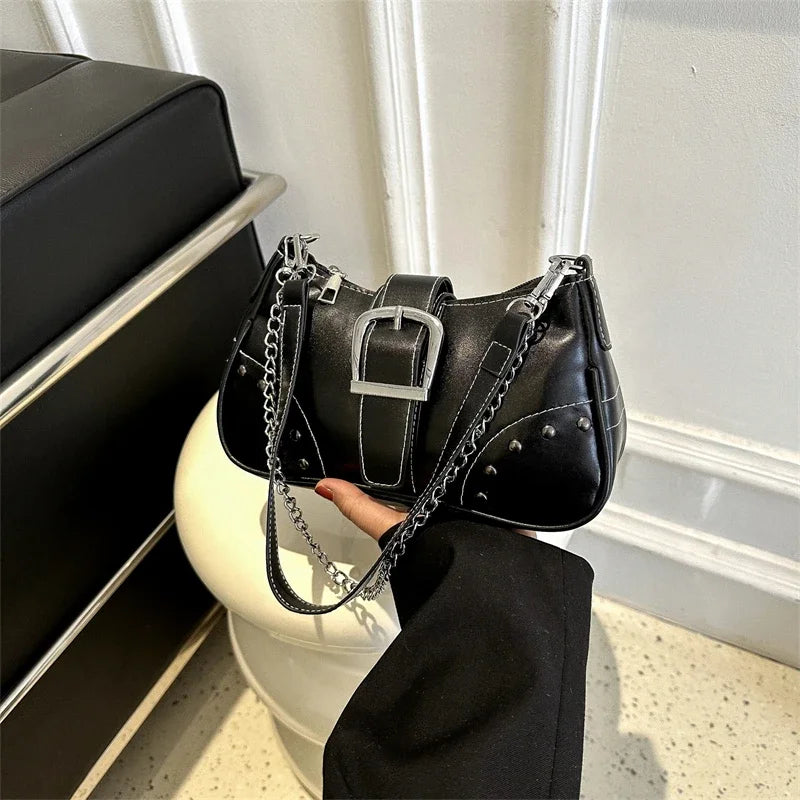 Vintage Rivet Women's Shoulder Bags Solid Color Ladies Underarm Bag Fashion Chain Small Handbags PU Leather Female Tote Purse - Clikcy