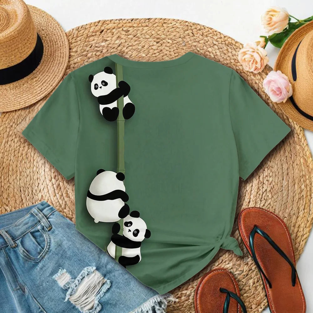 Fresh and cute style green base panda print daily casual fashion summer women's short sleeved T-shirt - Clikcy
