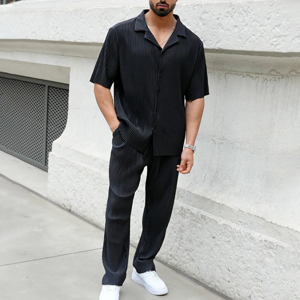 Summer Fashion Casual Loose Men's Button Open Shirt Short Sleeve Pants Set Home Vacation Thin Breathable Quick Drying 2-pie Set - Clikcy