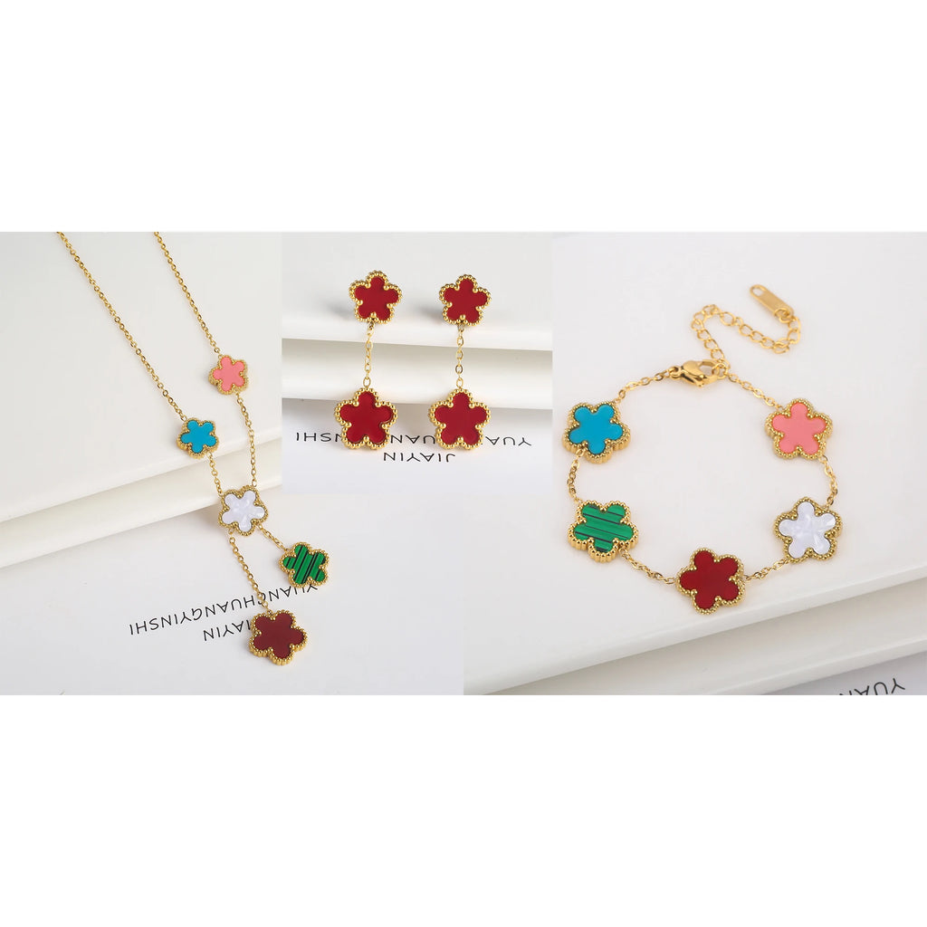3Pcs 18k Gold-Plated Five-Leaf Flower Necklace Earrings Bracelet Jewelry Set For Woman Fashion Party Jewelry Daily Wear Clover - Clikcy