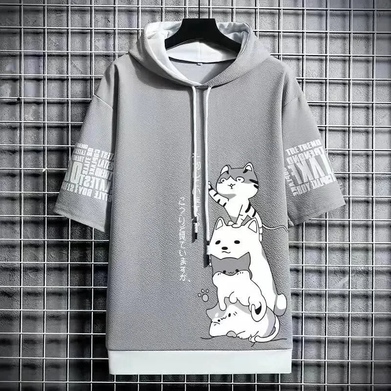 Summer T shirt Men's Hoodies Men Clothing Casual Harajuku Streetwear Print Hooded Top Short Sleeve Sweatshirts Men - Clikcy