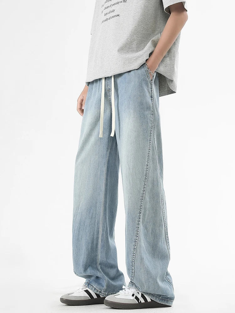 Summer Men's Lightweight Jeans Korean Fashion Breathable Cotton Drawstring Wide-Leg Baggy Denim Pants Straight Jean Trousers - Clikcy