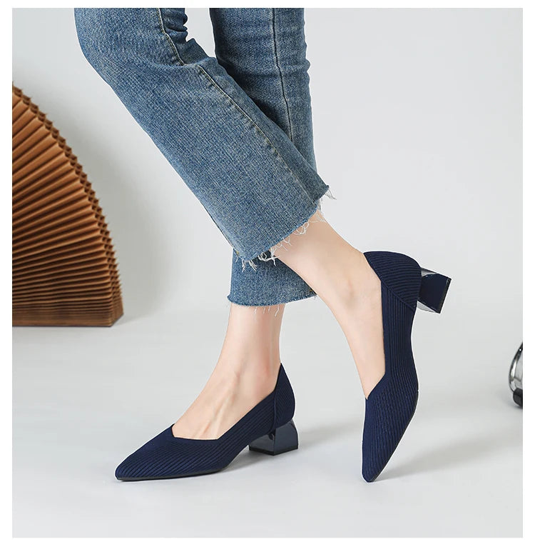 Women's large high-heeled shoes Multicolor pointy knit breathable comfortable anti-skid rubber sole work shoes 2023 new autumn - Clikcy