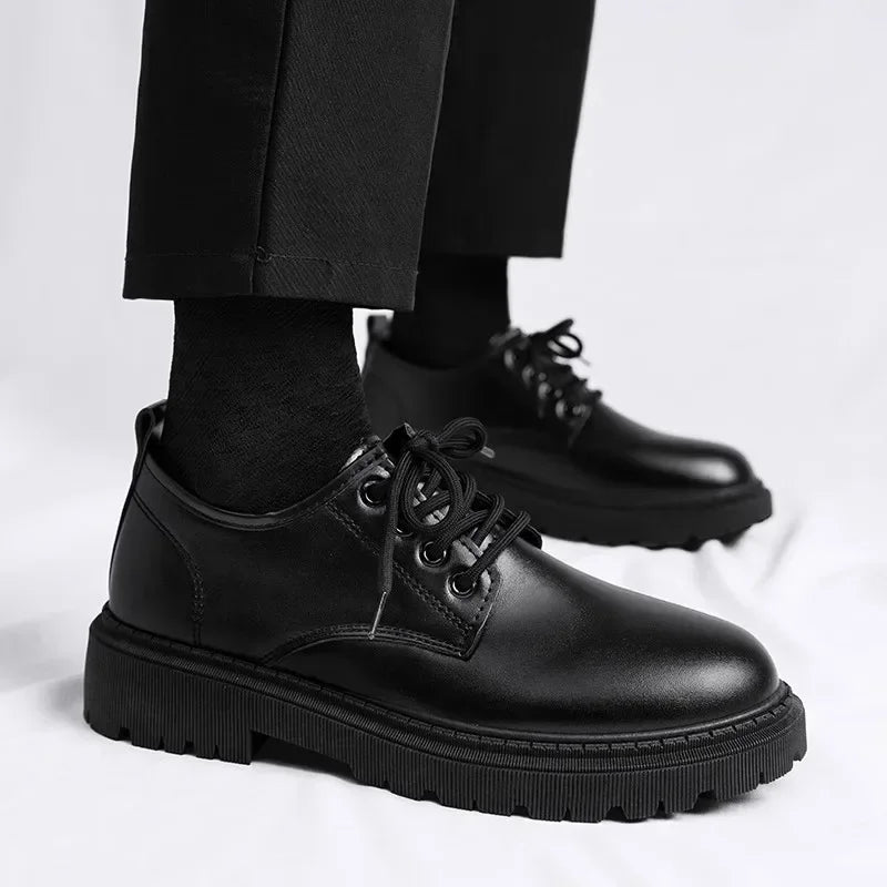 Casual Men's Pure Black Lace-up Height-increasing Business-style Low-heeled, Comfortable and Durable Small Leather Shoes
