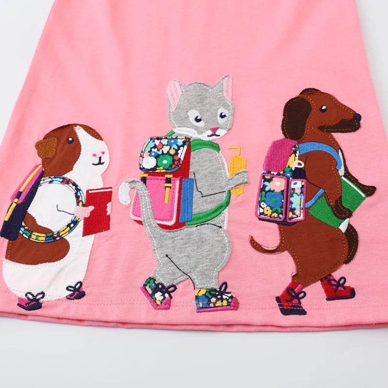 Jumping Meters 2-8T School Princess Girls Dresses Animals Applique Summer Short Sleeve Baby Clothes Birthday Frocks Costume - Clikcy