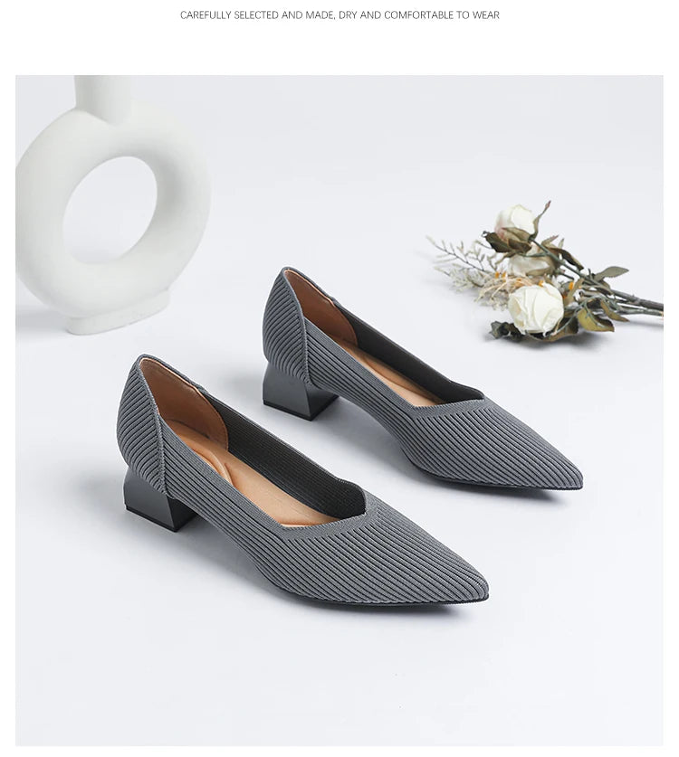 Women's large high-heeled shoes Multicolor pointy knit breathable comfortable anti-skid rubber sole work shoes 2023 new autumn